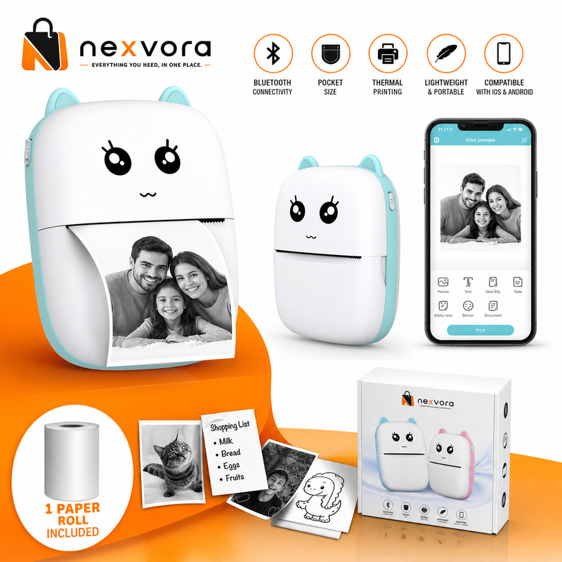 Mini Portable Thermal Printer | Wireless Bluetooth Pocket Photo Printer | 1 Paper Roll Included | Random Colour